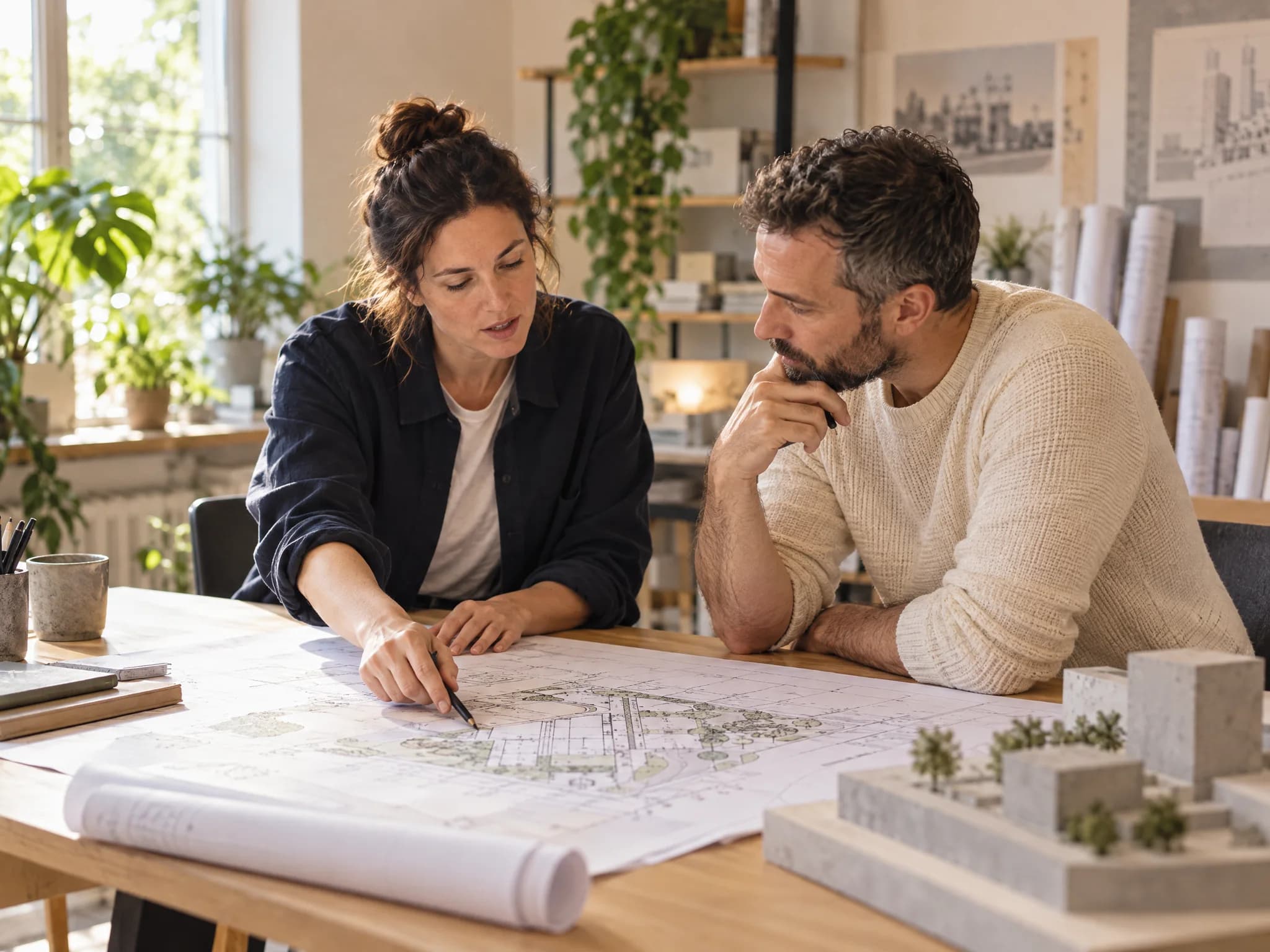 Zwei Ingenieure besprechen einen Bauplan am Schreibtisch