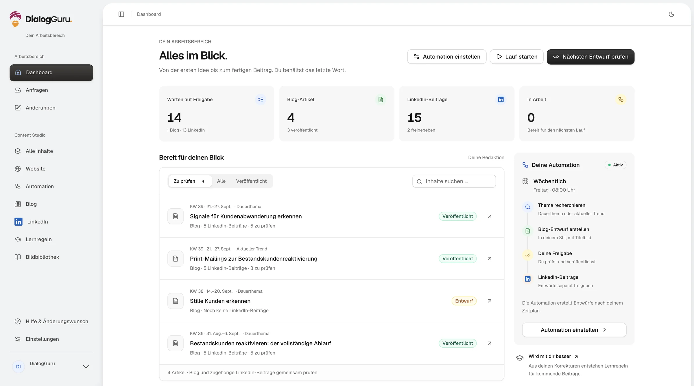 Arbeitsbereich von dialogguru mit offenen Freigaben, Blogartikeln, LinkedIn-Beiträgen und dem wöchentlichen Ablauf