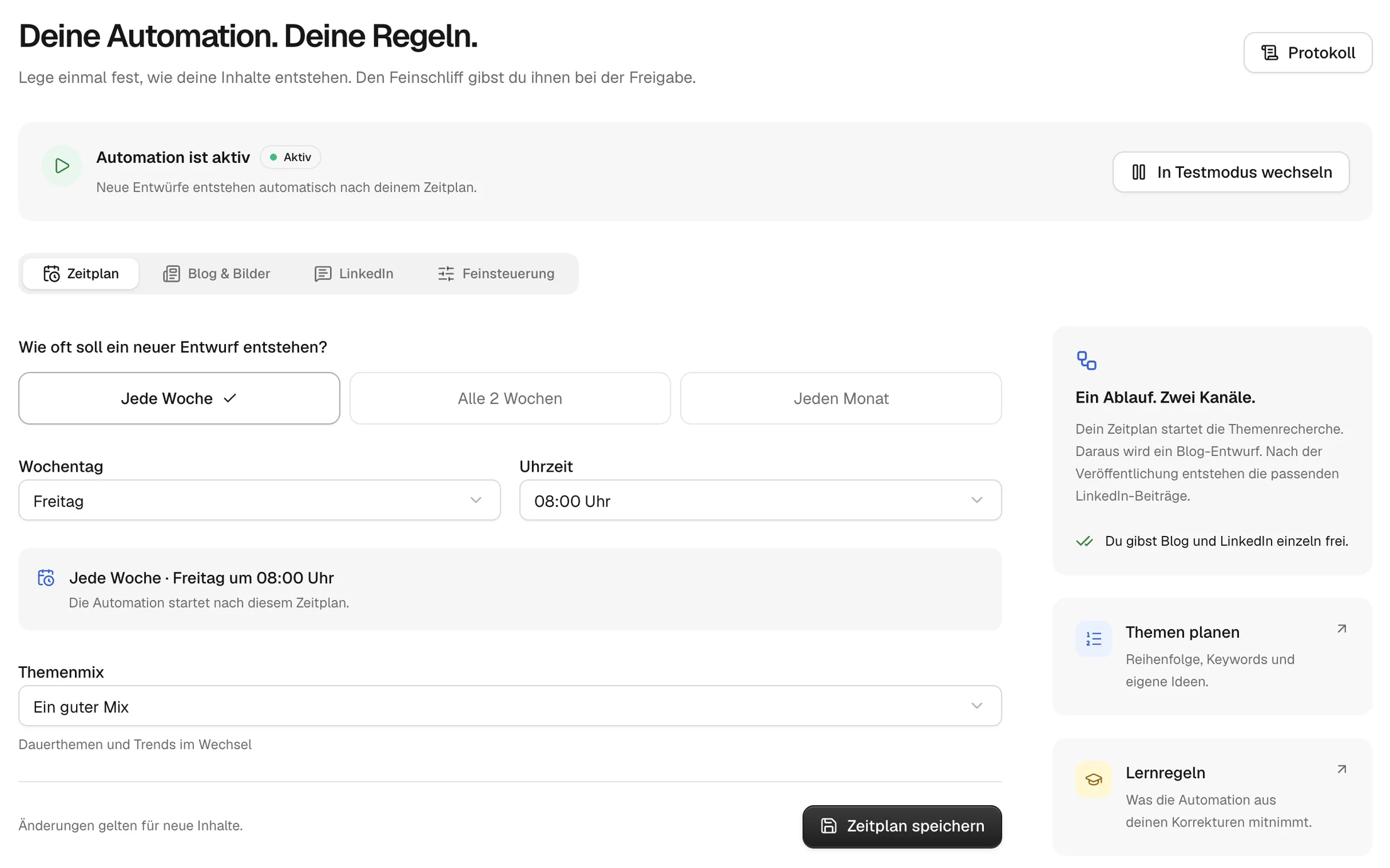 Einstellungen der Automation: jede Woche freitags um 8 Uhr, Themenmix aus Dauerthemen und Trends