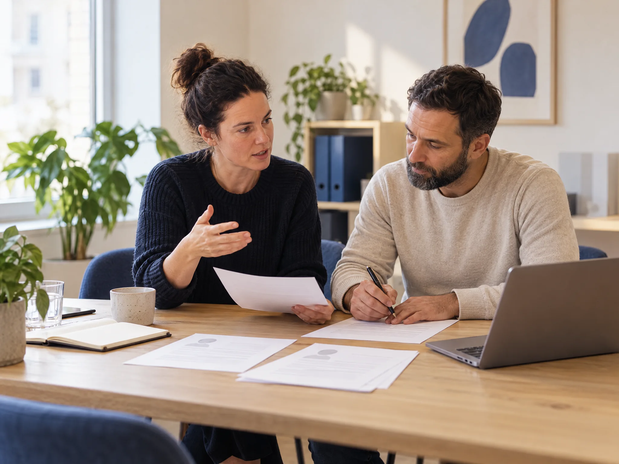 Zwei Recruiting-Fachleute besprechen ein Stellenbriefing an einem hellen Tisch